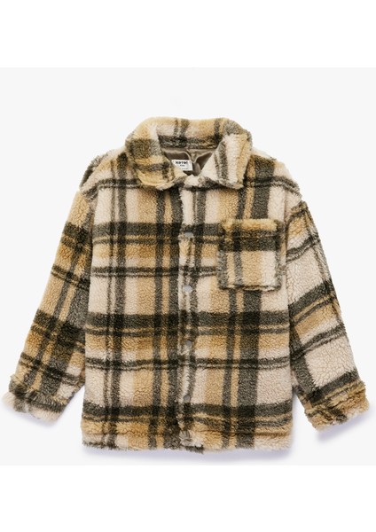 Cep Detaylı Uzun Kollu Ekoseli Polar Ceket