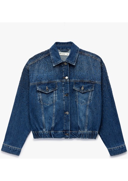 Uzun Kollu Klasik Yaka Düğmeli Cepli Taş Detaylı Denim Ceket
