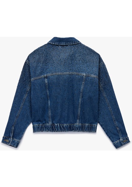Uzun Kollu Klasik Yaka Düğmeli Cepli Taş Detaylı Denim Ceket fiyatları