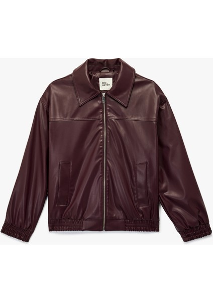 Klasik Yaka Cepli Fermuarlı Suni Deri Oversize Bomber Ceket