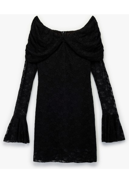 x Sibil Çetinkaya - Kayık Yaka Uzun Kollu Bodycon Mini Dantelli Elbise modelleri