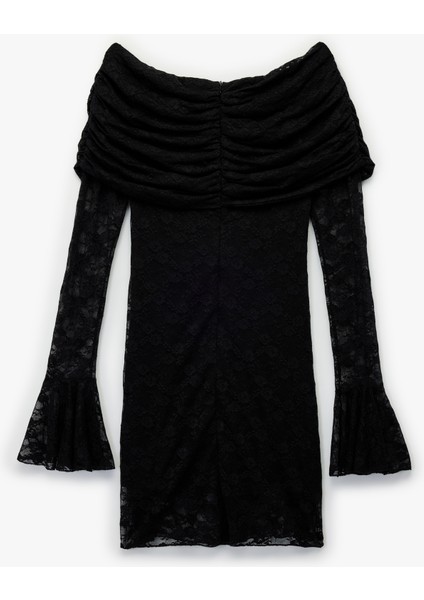 x Sibil Çetinkaya - Kayık Yaka Uzun Kollu Bodycon Mini Dantelli Elbise fırsatları