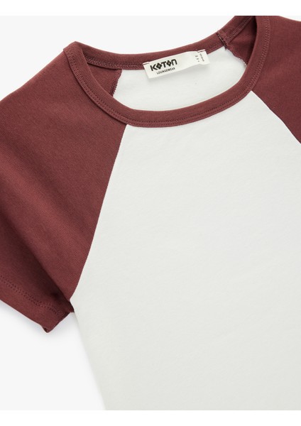 Slim Fit Pamuklu Renk Bloklu Kısa Kollu Bisiklet Yaka Crop Tişört Pijama Üstü modelleri