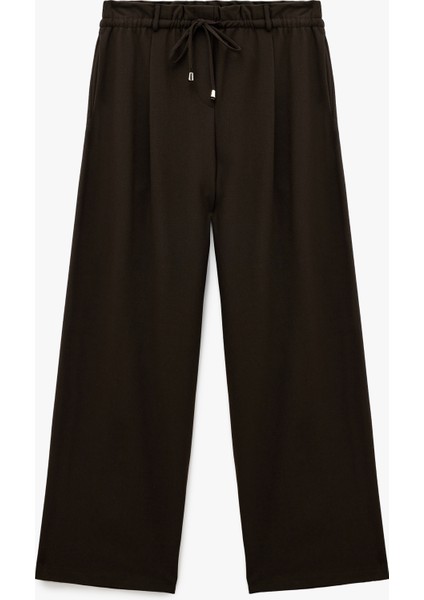 Beli Bağcıklı Bağlamalı Cepli Düz Geniş Paça Kumaş Pantolon