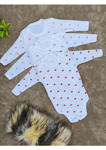 3'lü Kalp Desenli Uzun Kollu Çıtçıtlı Bebek Body Zıbın