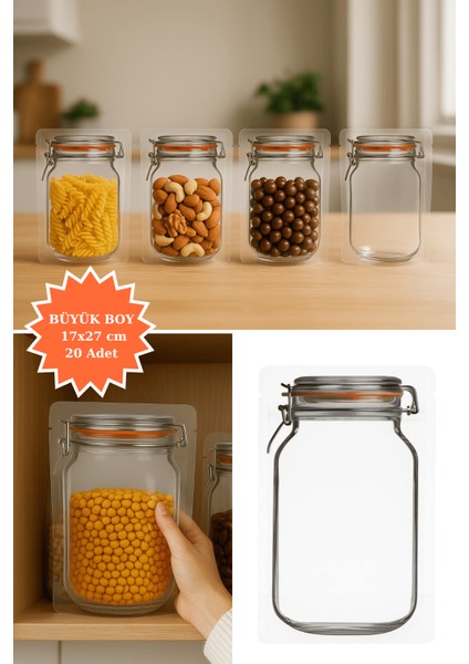 Elit Kavanoz Tasarım Kilitli Şeffaf Doypack Kahve Kuruyemiş Bakliyat Saklama Torbası 17X27 cm 20LI