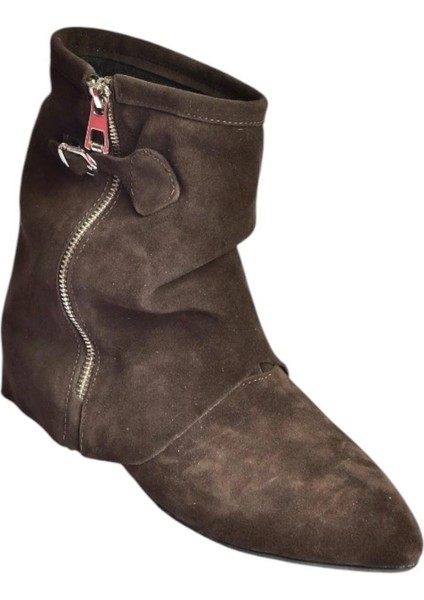 V380614202 Kahverengi Hakiki Deri Süet Fermuar Detaylı Günlük Kadın Bot modelleri
