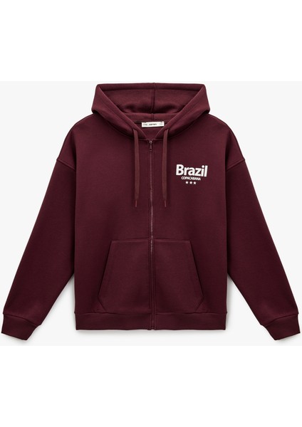 Şardonlu Uzun Kollu Cepli Fermuarlı Arkası Baskılı Kapüşonlu Sweatshirt