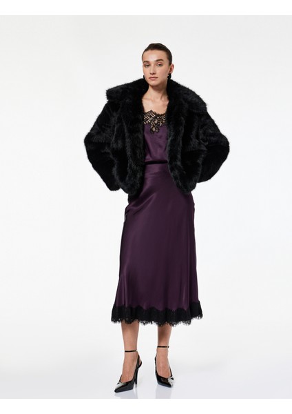 Slim Fit Dantel Detaylı Midi Saten Etek