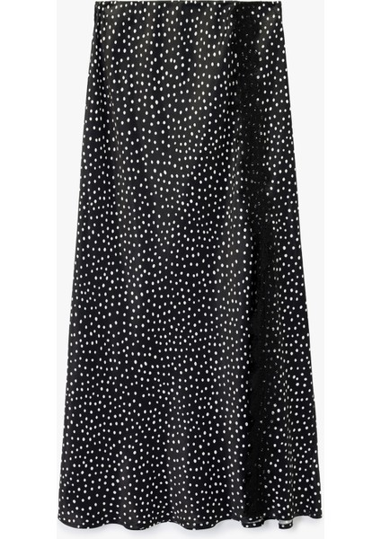 Viskon Puantiyeli Dantel Detaylı Midi Saten Çan Etek