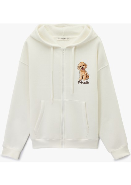 Şardonlu Uzun Kollu Cepli Fermuarlı Köpek Nakış Detaylı Arkası Baskılı Kapüşonlu Sweatshirt