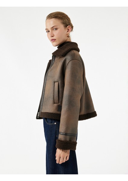 Uzun Kollu Suni Kürk Yaka Fermuarlı Deri Görünümlü Biker Mont fiyatları