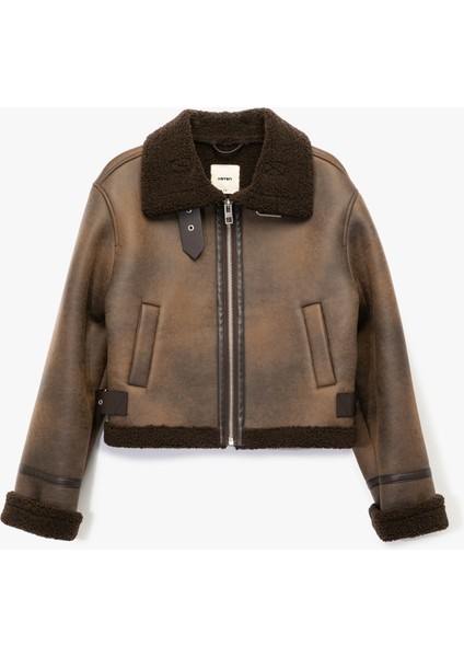 Uzun Kollu Suni Kürk Yaka Fermuarlı Deri Görünümlü Biker Mont modelleri