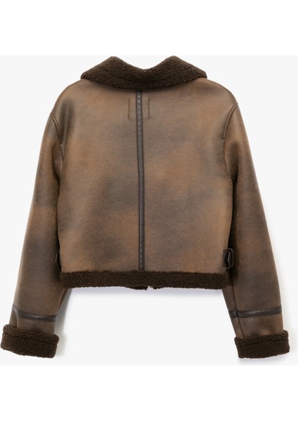 Uzun Kollu Suni Kürk Yaka Fermuarlı Deri Görünümlü Biker Mont fırsatları