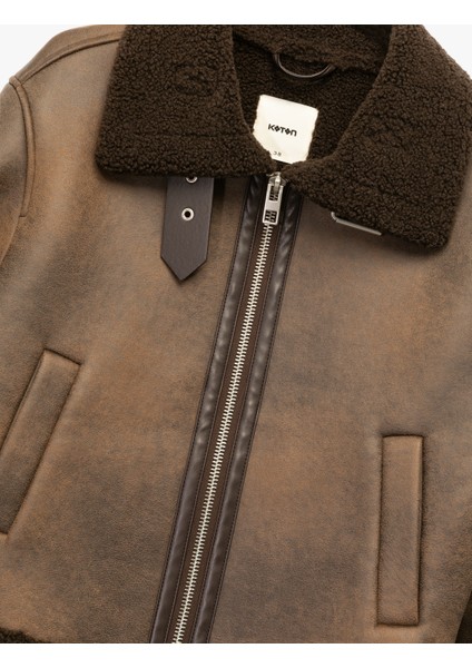 Uzun Kollu Suni Kürk Yaka Fermuarlı Deri Görünümlü Biker Mont indirimleri