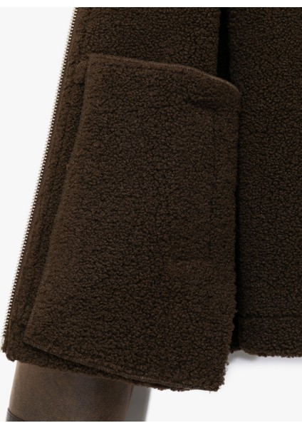 Uzun Kollu Suni Kürk Yaka Fermuarlı Deri Görünümlü Biker Mont