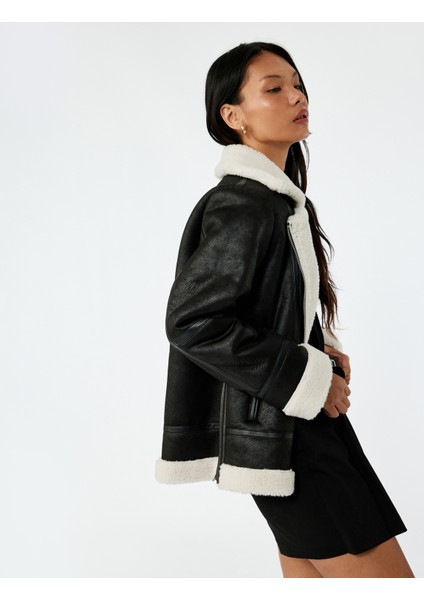 Suni Kürklü Cepli Fermuarlı Deri Görünümlü Biker Ceket