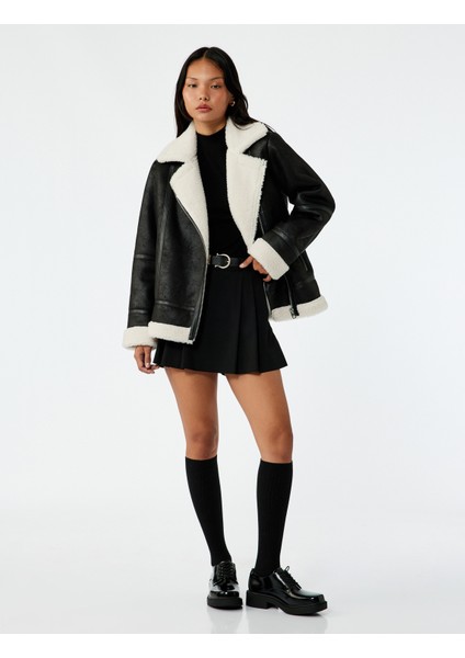Suni Kürklü Cepli Fermuarlı Deri Görünümlü Biker Ceket fiyatları