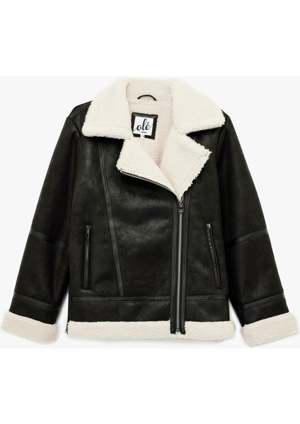 Suni Kürklü Cepli Fermuarlı Deri Görünümlü Biker Ceket modelleri