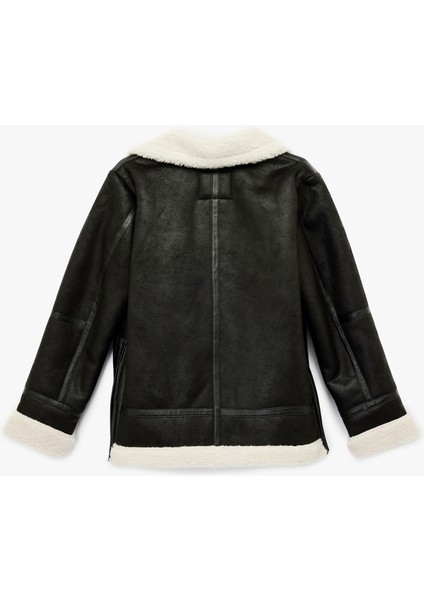 Suni Kürklü Cepli Fermuarlı Deri Görünümlü Biker Ceket fırsatları
