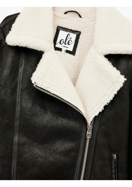 Suni Kürklü Cepli Fermuarlı Deri Görünümlü Biker Ceket indirimleri