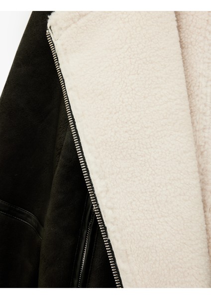 Suni Kürklü Cepli Fermuarlı Deri Görünümlü Biker Ceket