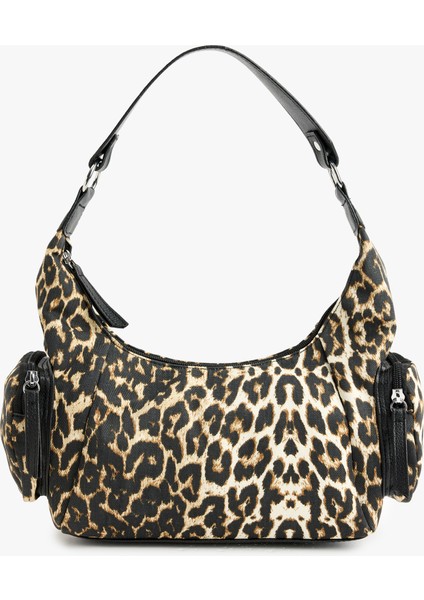 Leopar Desenli Fermuarlı Mini Cep Detaylı Omuz Çantası