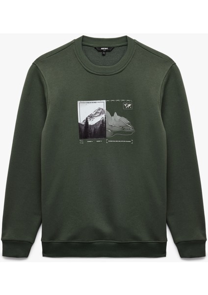Uzun Kollu Şardonlu Bisiklet Yaka Baskılı Sweatshirt