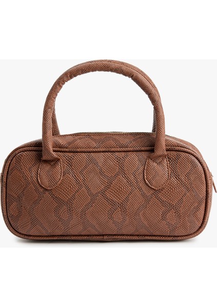 Yılan Derisi Görünümlü Fermuarlı Saplı El Çantası