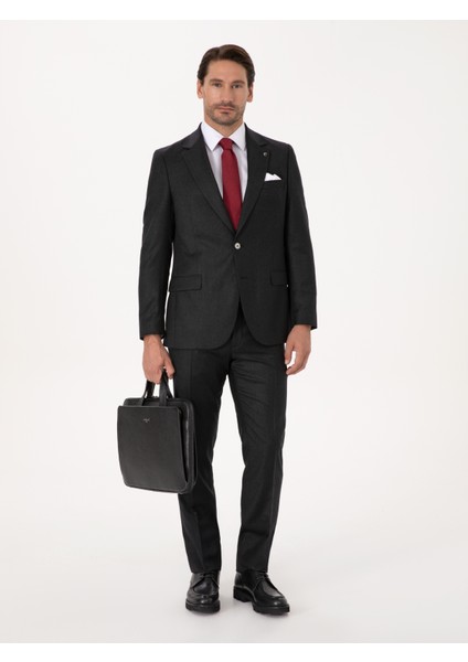 Erkek Siyah Slim Fit %100 Yün Mikro Desenli Takım Elbise 50316395-VR046