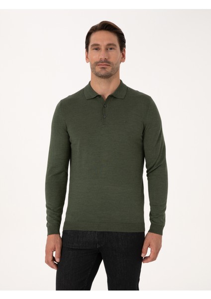 Erkek Haki Slim Fit Yün Karışımlı Polo Yaka Basic Triko Kazak 50315267-VR027
