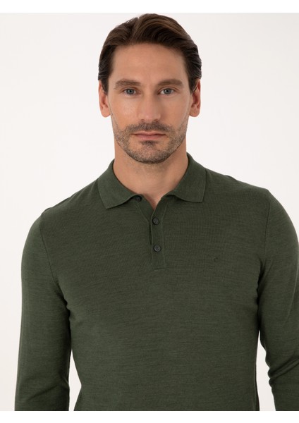 Erkek Haki Slim Fit Yün Karışımlı Polo Yaka Basic Triko Kazak 50315267-VR027 fiyatları