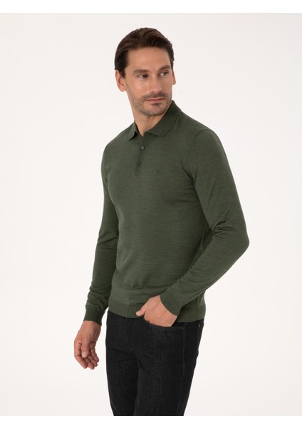 Erkek Haki Slim Fit Yün Karışımlı Polo Yaka Basic Triko Kazak 50315267-VR027 modelleri