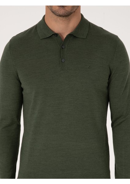 Erkek Haki Slim Fit Yün Karışımlı Polo Yaka Basic Triko Kazak 50315267-VR027