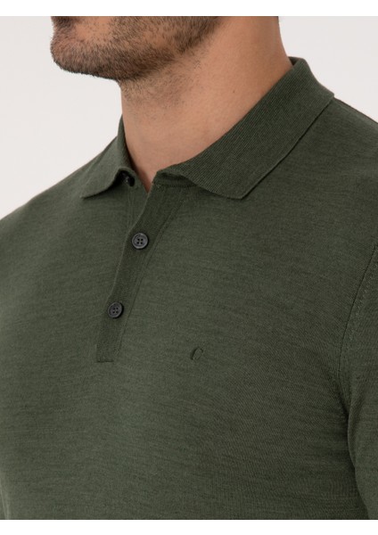 Erkek Haki Slim Fit Yün Karışımlı Polo Yaka Basic Triko Kazak 50315267-VR027