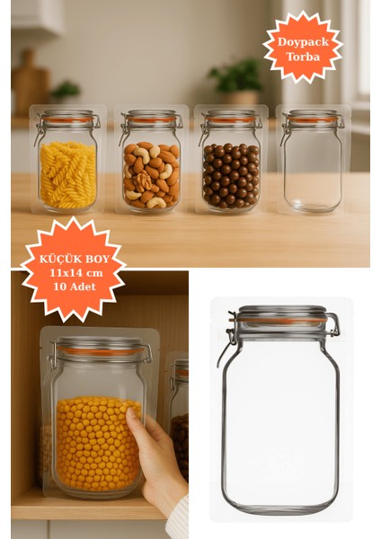 Elit Kavanoz Tasarım Kilitli Şeffaf Doypack Kahve Kuruyemiş Bakliyat Saklama Torbası 11X14 cm 10LU