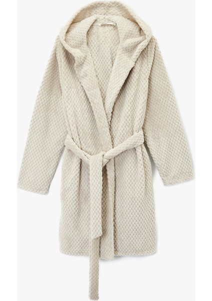 Uzun Kollu Kapüşonlu Kemerli Peluş Sabahlık