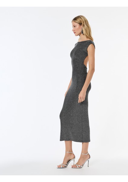 Kayık Yuvarlak Yaka Kolsuz Parıltılı Midi Boy Sırt Dekolteli Kalem Elbise fiyatları