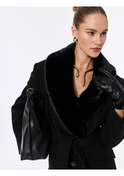 Suni Kürk Yaka Kaban Kaşe Kemerli Uzun Kollu fırsatları