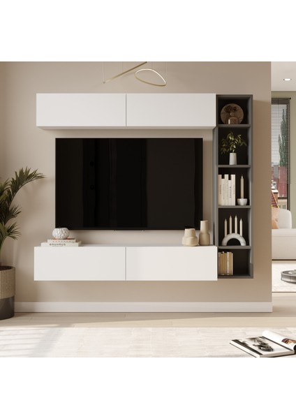 Nasser Tv Ünitesi Kitaplık Duvara Monte Beyaz-Antrasit Nas1-Wan