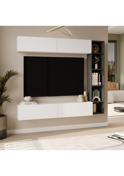 Nasser Tv Ünitesi Kitaplık Duvara Monte Beyaz-Antrasit Nas1-Wan fiyatları