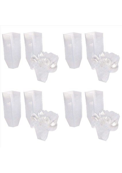 Kaşıklı 200 Tatlı Fincan Paketi 60ML Tatlı Kaseler Seti Dıy Plastik Tatlı Bardak Yeniden Kullanılabilir Yamuk Bardak Seti (Yurt Dışından)