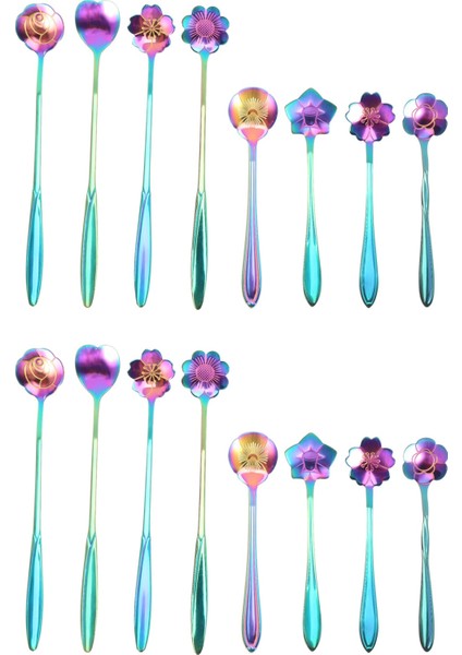 16PCS Çiçek Kaşığı Seti 2 Farklı Boyutlu Renkli Paslanmaz Çelik Çay Kaşığı Gökkuşağı Kahve Karıştırma Kaşığı (Yurt Dışından)