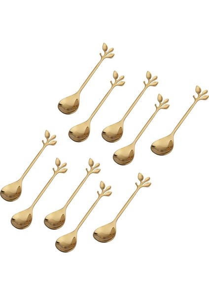 Kahve Karıştırma Kaşık Paslanmaz Çelik Yaratıcı Şube Şekil Yaratıcı Çatal Teşheri Tatlı Kaşık Altın (10 Adet) (Yurt Dışından)