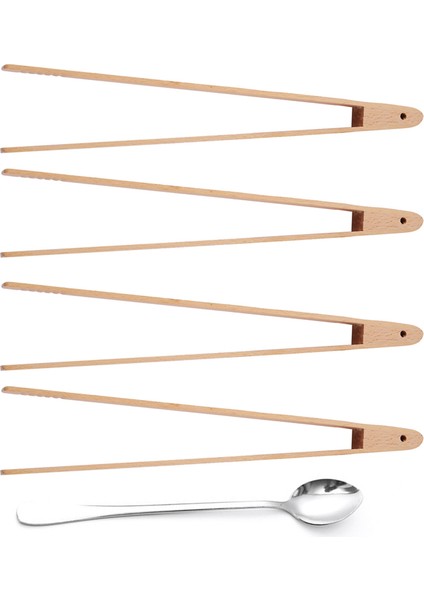 4 Paket 12 Inç Ahşap Kızartma Makinesi Maşaları Mutfak Maşaları ve Yeni 1 Adet Saplı Paslanmaz Çelik Çay Kahve Kaşığı (Yurt Dışından)