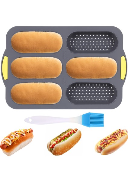 Silikon Pan Yağ Fırçası ile Hot Soub Bun Pan 6 Oluk Yapışmaz Fransız Ekmek Fırın Kalıbı Sosisli Sandviç Için Fransız Ekmek Somun Tava (Yurt Dışından)