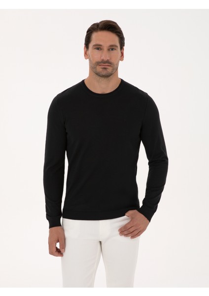 Erkek Siyah Slim Fit Yün Karışımlı Bisiklet Yaka Basic Triko Kazak 50318854-VR046