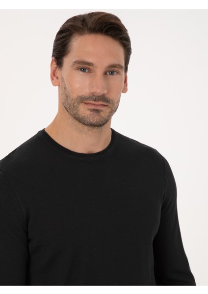 Erkek Siyah Slim Fit Yün Karışımlı Bisiklet Yaka Basic Triko Kazak 50318854-VR046 fiyatları