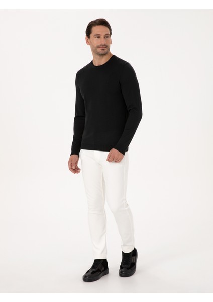 Erkek Siyah Slim Fit Yün Karışımlı Bisiklet Yaka Basic Triko Kazak 50318854-VR046 fırsatları