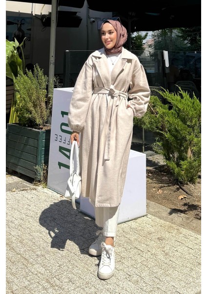 Kadın Balon Kol Astarsız Tesettür Kaban-Bej